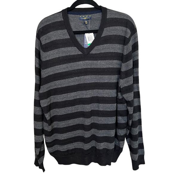 NWT Club Room Men's Black and Gray Striped V-Neck Sweater - L - Picture 1 of 5